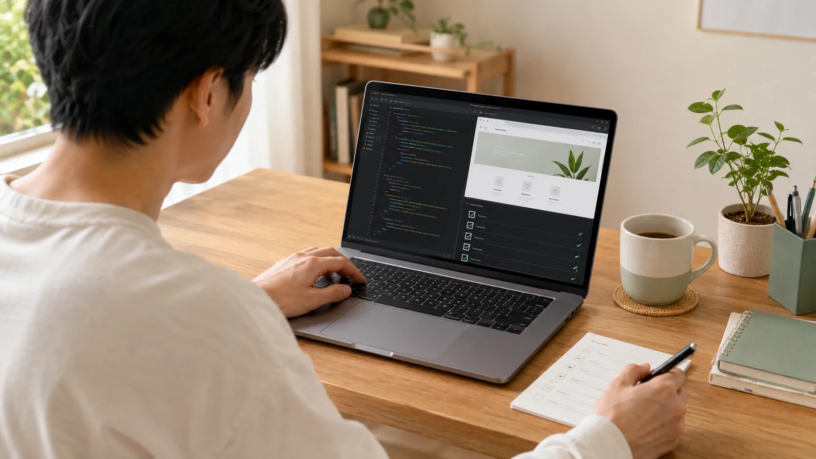 整理されたノートとノートパソコンを前に、次に作るものを確認しているWeb開発の机