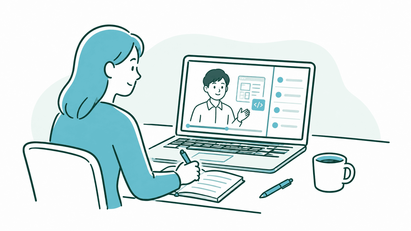 ノートパソコンでWeb開発講座を見ながら学習している人のイラスト